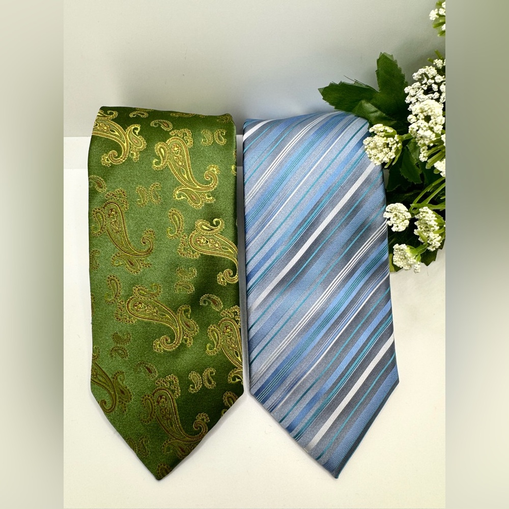 BOSS HUGO Men’s Silk Bundle Necktie Elegant Green Paisley Blue Striped Ties